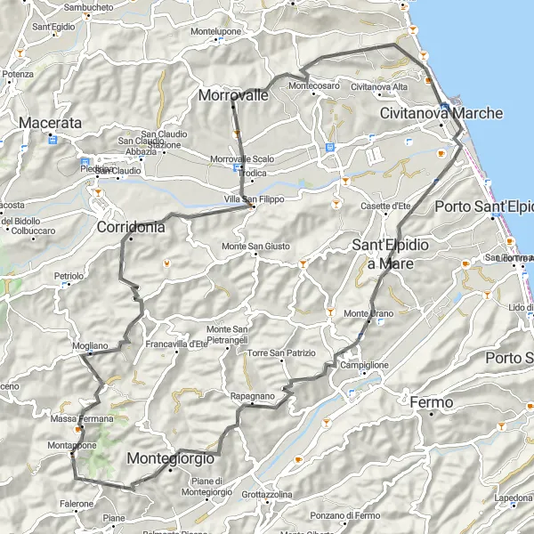 Miniatura della mappa di ispirazione al ciclismo "Vista mare: cicloturismo lungo la costa marchigiana" nella regione di Marche, Italy. Generata da Tarmacs.app, pianificatore di rotte ciclistiche
