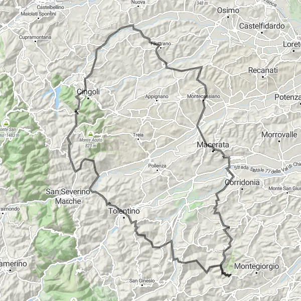 Map miniature of "Scenic Road Cycling Route near Montappone" cycling inspiration in Marche, Italy. Generated by Tarmacs.app cycling route planner