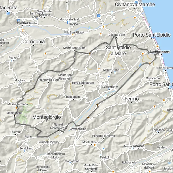 Map miniature of "Hills and Villages" cycling inspiration in Marche, Italy. Generated by Tarmacs.app cycling route planner