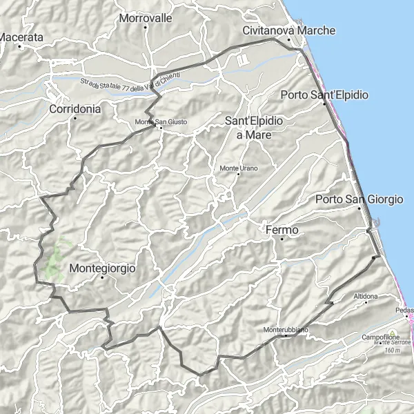Miniatura della mappa di ispirazione al ciclismo "Montappone Coast to Hills" nella regione di Marche, Italy. Generata da Tarmacs.app, pianificatore di rotte ciclistiche