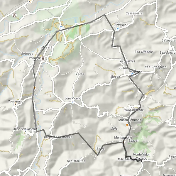 Miniatura della mappa di ispirazione al ciclismo "Colli e borghi in bicicletta: pedalata intorno a Monte Vidon Corrado" nella regione di Marche, Italy. Generata da Tarmacs.app, pianificatore di rotte ciclistiche