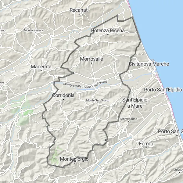 Miniatura della mappa di ispirazione al ciclismo "Salite panoramiche intorno a Montappone" nella regione di Marche, Italy. Generata da Tarmacs.app, pianificatore di rotte ciclistiche