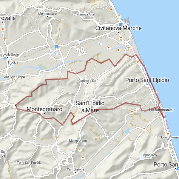 Miniatura della mappa di ispirazione al ciclismo "Gravel di Monte San Giusto" nella regione di Marche, Italy. Generata da Tarmacs.app, pianificatore di rotte ciclistiche