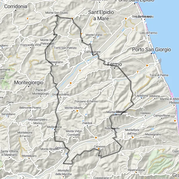 Map miniature of "Monte San Giusto - Fermo - Moresco - Carassai Loop" cycling inspiration in Marche, Italy. Generated by Tarmacs.app cycling route planner
