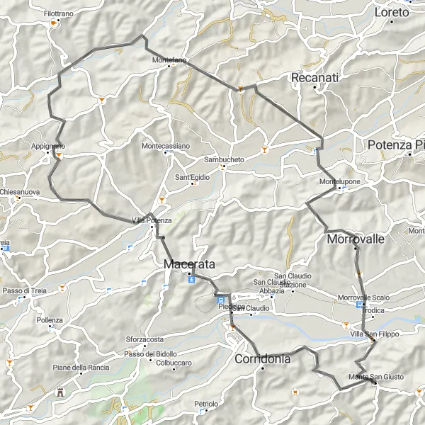 Map miniature of "Mountains and Villages" cycling inspiration in Marche, Italy. Generated by Tarmacs.app cycling route planner