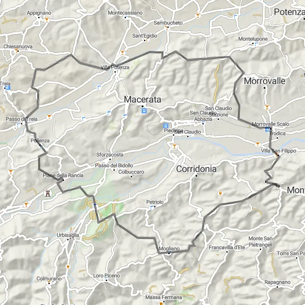 Map miniature of "Challenging Hills and Scenic Routes" cycling inspiration in Marche, Italy. Generated by Tarmacs.app cycling route planner