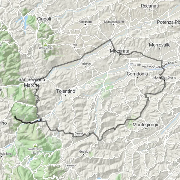 Map miniature of "Discovering the Heart of Marche" cycling inspiration in Marche, Italy. Generated by Tarmacs.app cycling route planner