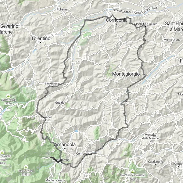 Miniatura della mappa di ispirazione al ciclismo "Avventura in Bicicletta da Monte San Giusto a Corridonia" nella regione di Marche, Italy. Generata da Tarmacs.app, pianificatore di rotte ciclistiche