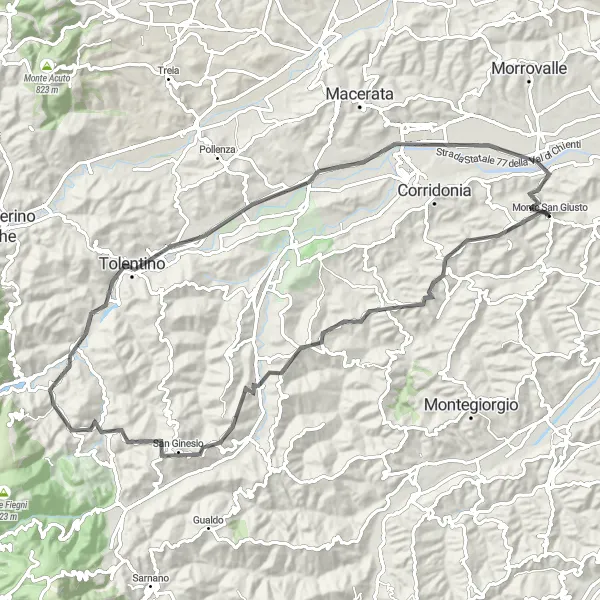 Map miniature of "Tour de Monte San Giusto Countryside" cycling inspiration in Marche, Italy. Generated by Tarmacs.app cycling route planner
