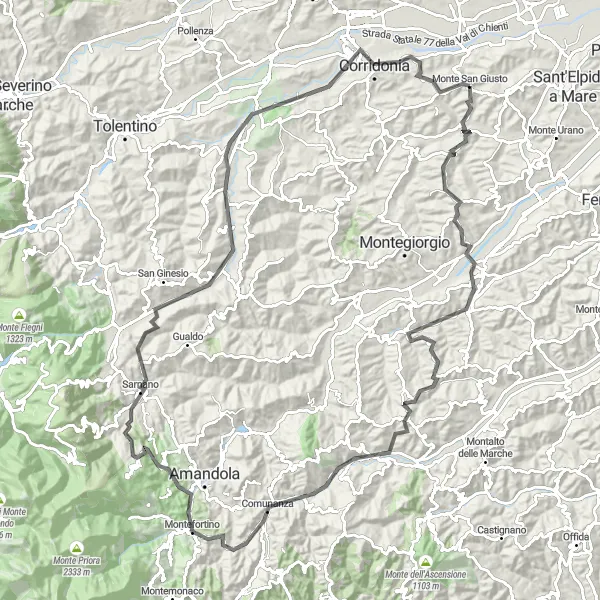 Karten-Miniaturansicht der Radinspiration "Hügelige Road-Tour rund um Monte San Giusto" in Marche, Italy. Erstellt vom Tarmacs.app-Routenplaner für Radtouren