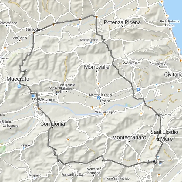 Map miniature of "Monte Urano Loop" cycling inspiration in Marche, Italy. Generated by Tarmacs.app cycling route planner