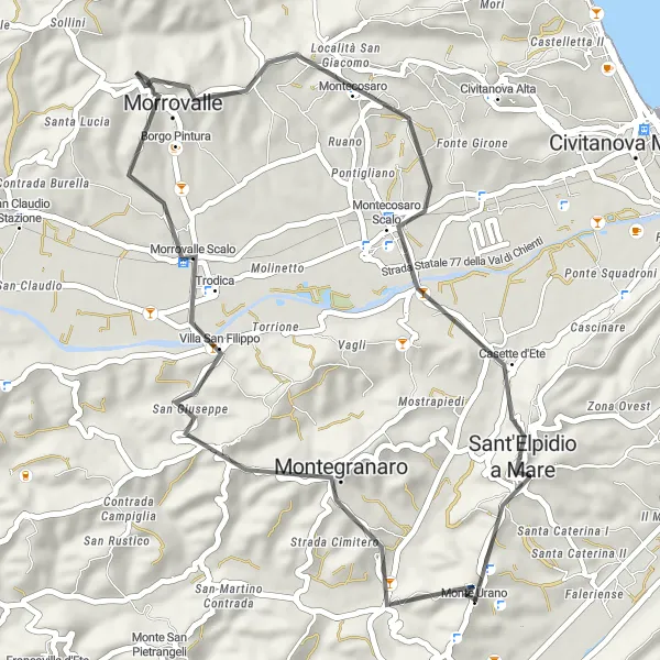 Miniatura della mappa di ispirazione al ciclismo "Giro in bici intorno a Monte Urano" nella regione di Marche, Italy. Generata da Tarmacs.app, pianificatore di rotte ciclistiche