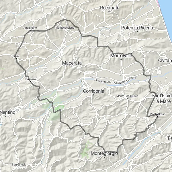 Map miniature of "Mogliano Explorer" cycling inspiration in Marche, Italy. Generated by Tarmacs.app cycling route planner