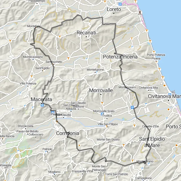 Miniatura della mappa di ispirazione al ciclismo "Scoperta delle Marche in bicicletta" nella regione di Marche, Italy. Generata da Tarmacs.app, pianificatore di rotte ciclistiche