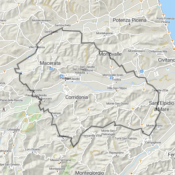 Miniature de la carte de l'inspiration cycliste "Trésors cachés des Marches" dans la Marche, Italy. Générée par le planificateur d'itinéraire cycliste Tarmacs.app