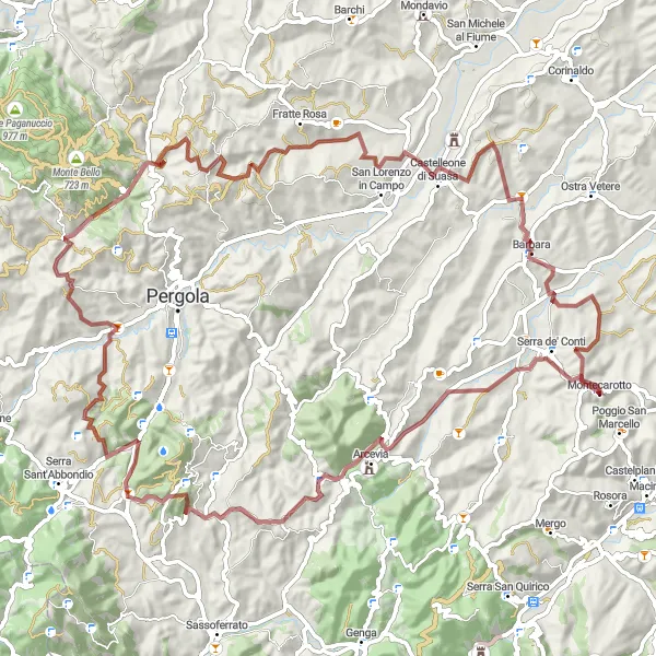 Miniature de la carte de l'inspiration cycliste "Parcours compact de gravel avec des ascensions impressionnantes" dans la Marche, Italy. Générée par le planificateur d'itinéraire cycliste Tarmacs.app