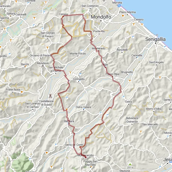 Map miniature of "Gravel Escape" cycling inspiration in Marche, Italy. Generated by Tarmacs.app cycling route planner