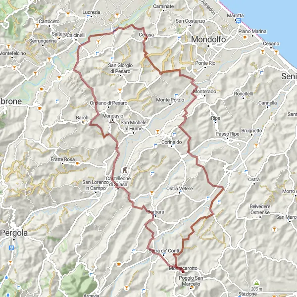 Map miniature of "Rolling Hills and Rural Landscapes Gravel Adventure" cycling inspiration in Marche, Italy. Generated by Tarmacs.app cycling route planner