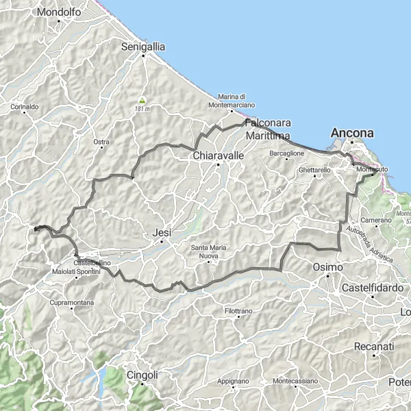 Miniatuurkaart van de fietsinspiratie "Montecarotto naar Pianello Vallesina" in Marche, Italy. Gemaakt door de Tarmacs.app fietsrouteplanner