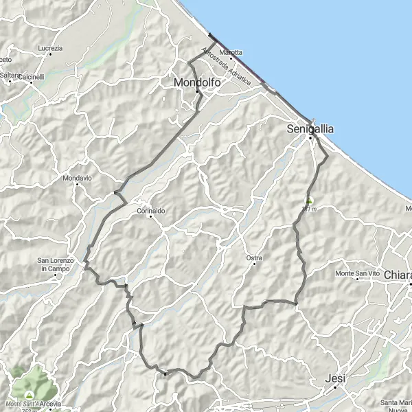 Karten-Miniaturansicht der Radinspiration "Hügelige Straßen von Montecarotto" in Marche, Italy. Erstellt vom Tarmacs.app-Routenplaner für Radtouren