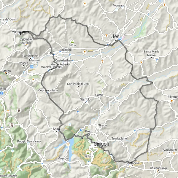 Map miniature of "Charming Bridges and Hilltop Towns" cycling inspiration in Marche, Italy. Generated by Tarmacs.app cycling route planner