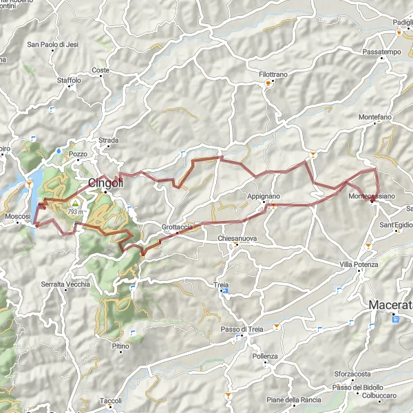 Map miniature of "Montecassiano Gravel Adventure" cycling inspiration in Marche, Italy. Generated by Tarmacs.app cycling route planner