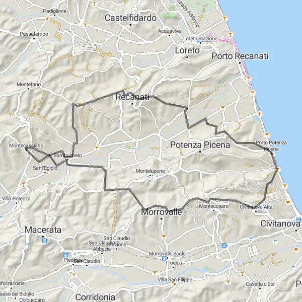 Map miniature of "Recanati to Montecassiano" cycling inspiration in Marche, Italy. Generated by Tarmacs.app cycling route planner