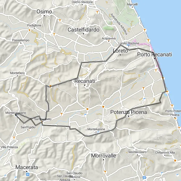 Map miniature of "Loreto to Montecassiano" cycling inspiration in Marche, Italy. Generated by Tarmacs.app cycling route planner