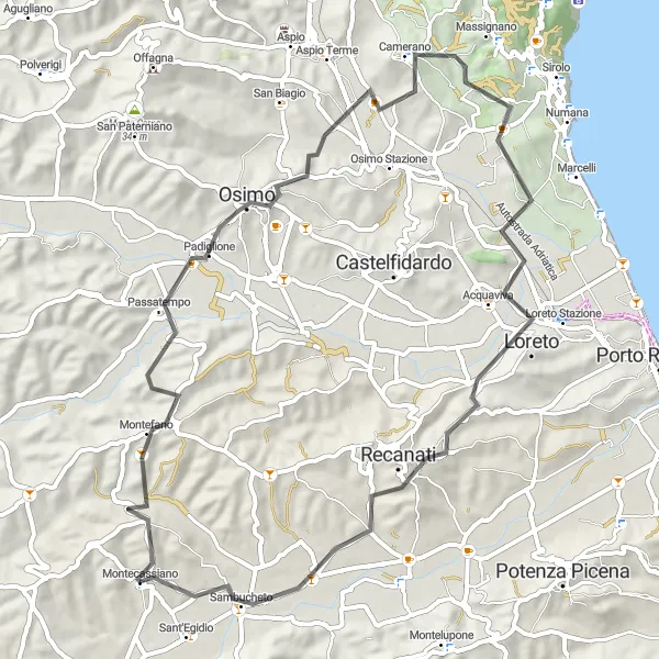 Map miniature of "Montecassiano to Loreto Road Cycling Route" cycling inspiration in Marche, Italy. Generated by Tarmacs.app cycling route planner