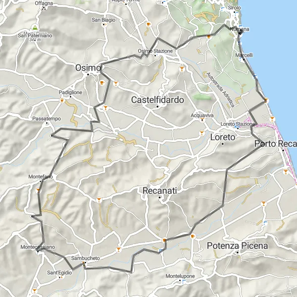 Map miniature of "Montecassiano to Numana Road Cycling Route" cycling inspiration in Marche, Italy. Generated by Tarmacs.app cycling route planner