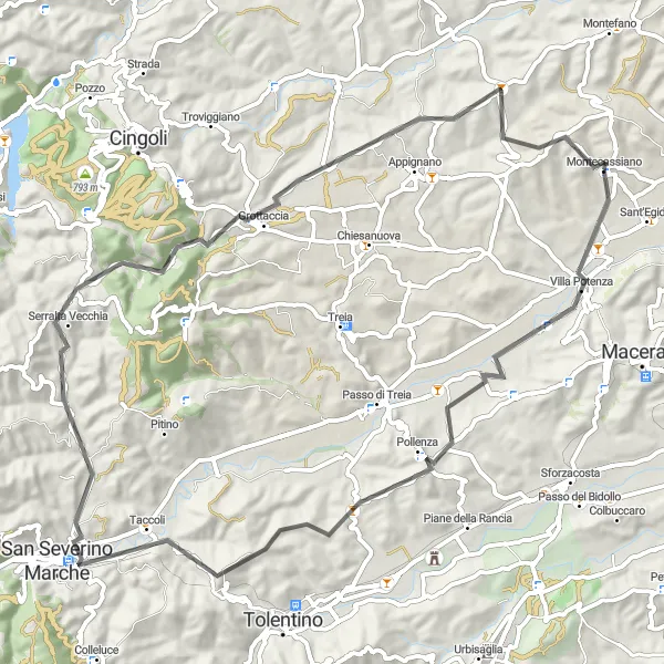 Map miniature of "Montecassiano to San Severino Marche Road Cycling Route" cycling inspiration in Marche, Italy. Generated by Tarmacs.app cycling route planner