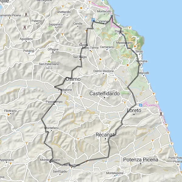 Map miniature of "Montecassiano to Recanati" cycling inspiration in Marche, Italy. Generated by Tarmacs.app cycling route planner