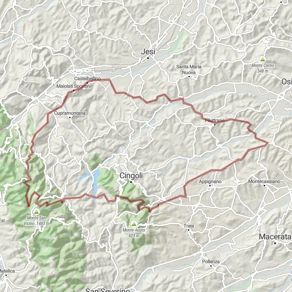 Map miniature of "Gravel Adventure in Montefano" cycling inspiration in Marche, Italy. Generated by Tarmacs.app cycling route planner