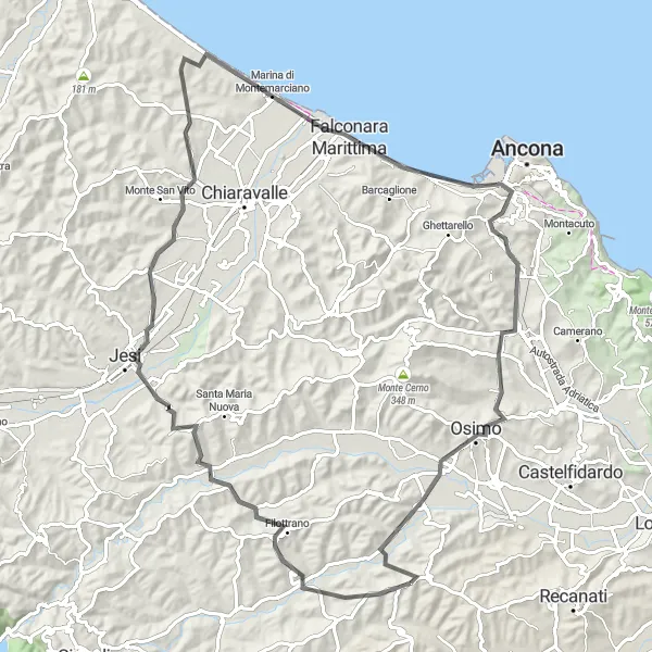 Miniature de la carte de l'inspiration cycliste "Route autour de Montefano" dans la Marche, Italy. Générée par le planificateur d'itinéraire cycliste Tarmacs.app