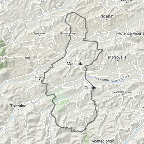 Miniatuurkaart van de fietsinspiratie "Rondrit naar Pollenza via Montefano" in Marche, Italy. Gemaakt door de Tarmacs.app fietsrouteplanner