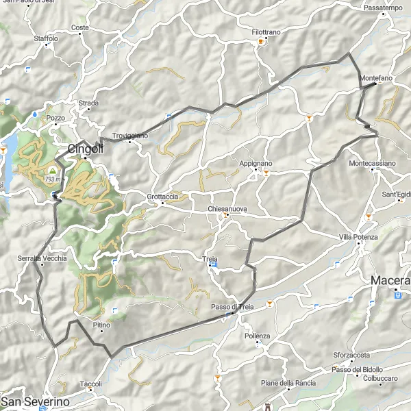 Map miniature of "Cingoli Exploration" cycling inspiration in Marche, Italy. Generated by Tarmacs.app cycling route planner