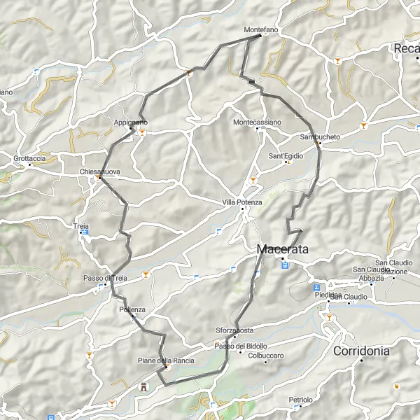 Map miniature of "Montefano to Appignano Loop" cycling inspiration in Marche, Italy. Generated by Tarmacs.app cycling route planner