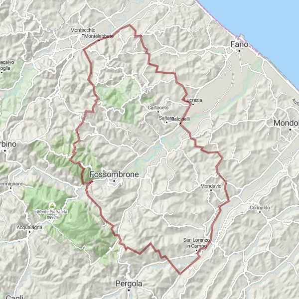 Map miniature of "Exploring the Gravel Trails of Montelabbate" cycling inspiration in Marche, Italy. Generated by Tarmacs.app cycling route planner