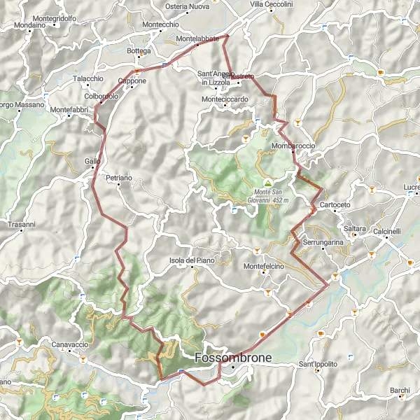 Map miniature of "Gravel Adventure through Montelabbate's Natural Beauty" cycling inspiration in Marche, Italy. Generated by Tarmacs.app cycling route planner