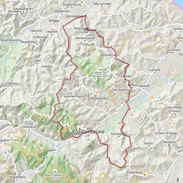 Map miniature of "Gravel Adventure: Montelabbate to Saltara" cycling inspiration in Marche, Italy. Generated by Tarmacs.app cycling route planner