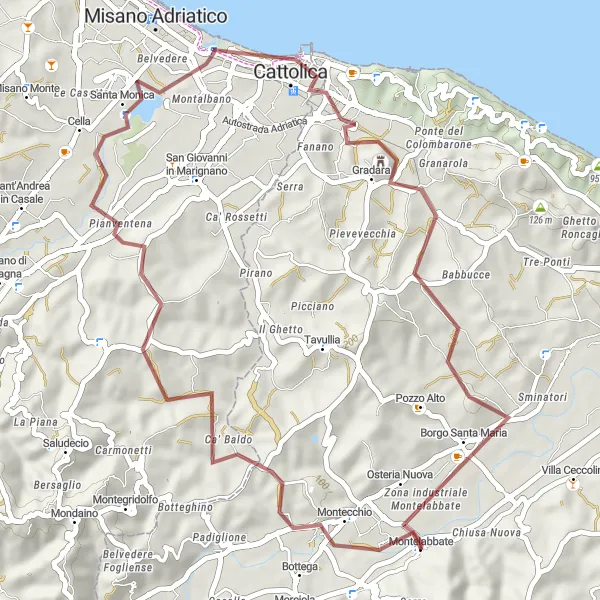 Miniature de la carte de l'inspiration cycliste "Boucle Montelabbate - Cattolica - Gradara" dans la Marche, Italy. Générée par le planificateur d'itinéraire cycliste Tarmacs.app
