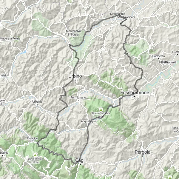 Map miniature of "Valley and Mountain Challenge" cycling inspiration in Marche, Italy. Generated by Tarmacs.app cycling route planner