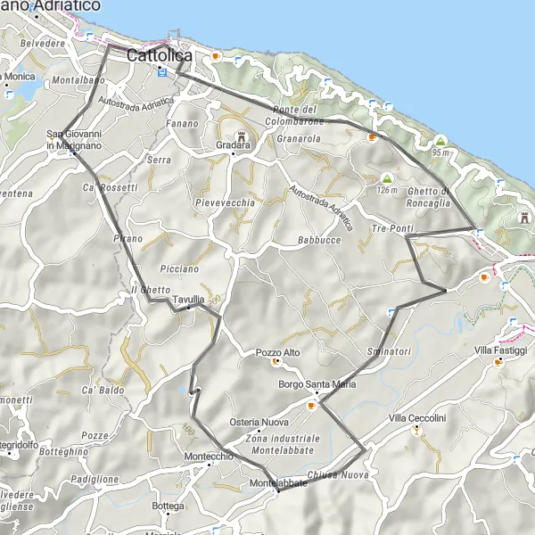 Miniatura della mappa di ispirazione al ciclismo "Giro in Bici da Montelabbate a Gabicce Mare" nella regione di Marche, Italy. Generata da Tarmacs.app, pianificatore di rotte ciclistiche