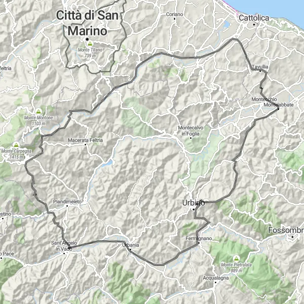 Miniatura della mappa di ispirazione al ciclismo "Tra natura e cultura nelle Marche" nella regione di Marche, Italy. Generata da Tarmacs.app, pianificatore di rotte ciclistiche