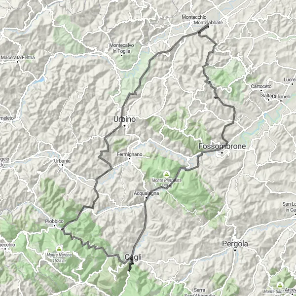 Miniatura della mappa di ispirazione al ciclismo "Avventura tra montagne e borghi" nella regione di Marche, Italy. Generata da Tarmacs.app, pianificatore di rotte ciclistiche