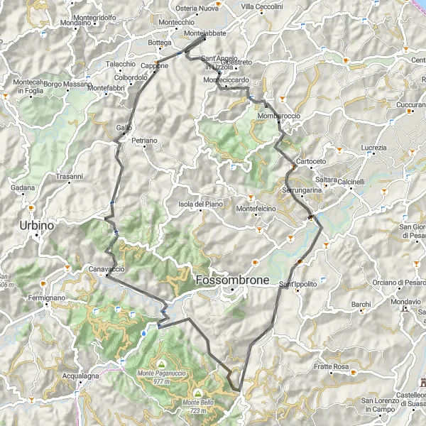 Miniatuurkaart van de fietsinspiratie "Uitdagende route door de bergen van Marche" in Marche, Italy. Gemaakt door de Tarmacs.app fietsrouteplanner