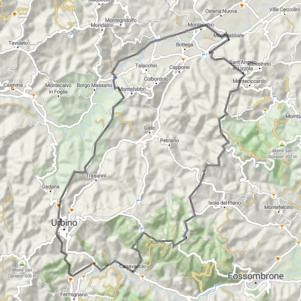 Map miniature of "Montelabbate - Monte Scopo Loop" cycling inspiration in Marche, Italy. Generated by Tarmacs.app cycling route planner