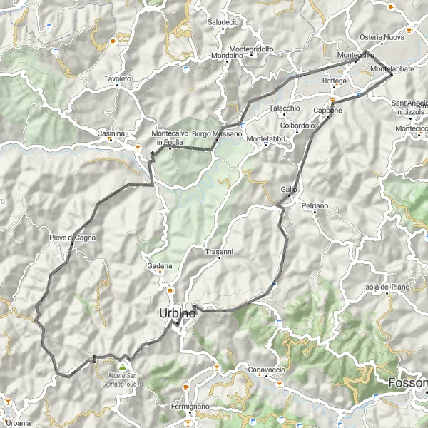 Miniatura della mappa di ispirazione al ciclismo "Tour delle colline marchigiane" nella regione di Marche, Italy. Generata da Tarmacs.app, pianificatore di rotte ciclistiche