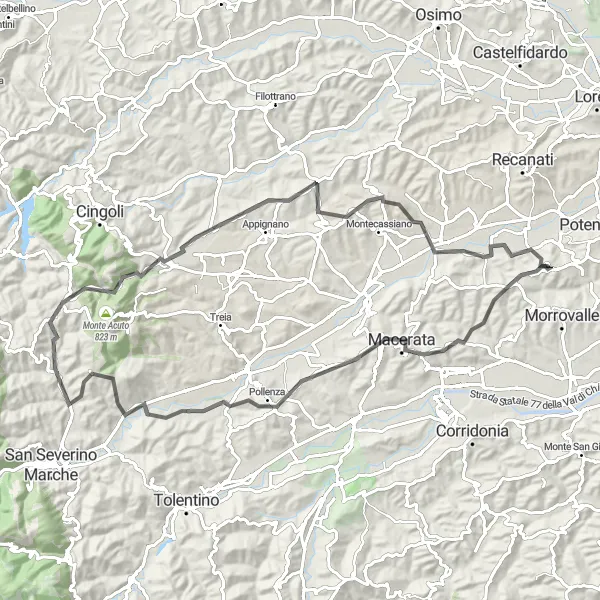 Map miniature of "Montelupone to Monte Le Cese Road Cycling Loop" cycling inspiration in Marche, Italy. Generated by Tarmacs.app cycling route planner