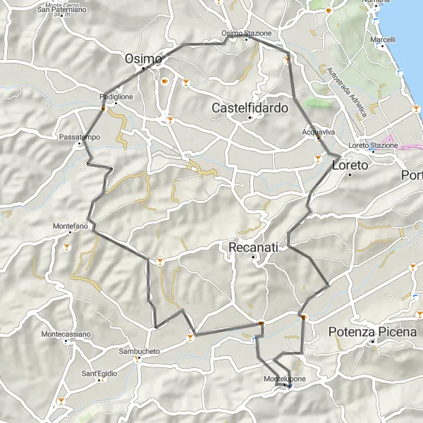 Miniatuurkaart van de fietsinspiratie "Van Montelupone naar Osimo en terug" in Marche, Italy. Gemaakt door de Tarmacs.app fietsrouteplanner